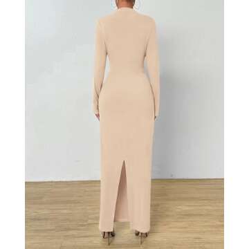 BTFBM Women Bodycon Maxi Dress Long Sleeve Back Slit Ruched Elegant Party Cocktail Formal Fall Wedding Guest Dresses(Solid Beige, Large)