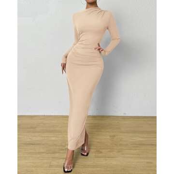 BTFBM Women Bodycon Maxi Dress Long Sleeve Back Slit Ruched Elegant Party Cocktail Formal Fall Wedding Guest Dresses(Solid Beige, Large)