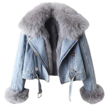 Kubbon Women Denim Jacket Sherpa Fleece Lined Short Denim Jacket Faux Fur Crop Parka Shacket Thicken...