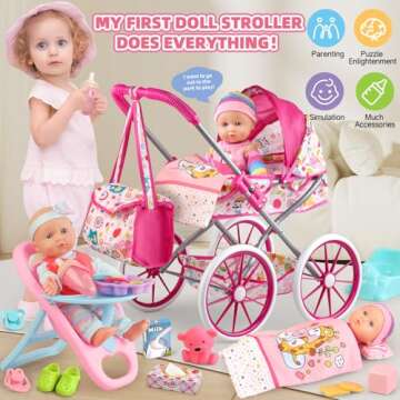 Baby Doll Stroller Toys Set with 12.5" Baby Doll,Dining Chair,Quilt Pillow,24 PCS Baby Doll Accessor...