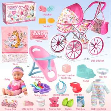 Baby Doll Stroller Toys Set with 12.5" Baby Doll,Dining Chair,Quilt Pillow,24 PCS Baby Doll Accessories and 2 Sets Doll Clothes,Baby Stroller Toys for Girls Toddlers 3-5 4-6 Gifts for Pretend Play