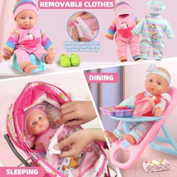 Baby Doll Stroller Toys Set with 12.5" Baby Doll,Dining Chair,Quilt Pillow,24 PCS Baby Doll Accessories and 2 Sets Doll Clothes,Baby Stroller Toys for Girls Toddlers 3-5 4-6 Gifts for Pretend Play