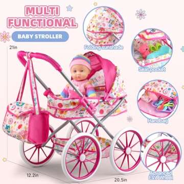 Baby Doll Stroller Toys Set with 12.5" Baby Doll,Dining Chair,Quilt Pillow,24 PCS Baby Doll Accessories and 2 Sets Doll Clothes,Baby Stroller Toys for Girls Toddlers 3-5 4-6 Gifts for Pretend Play