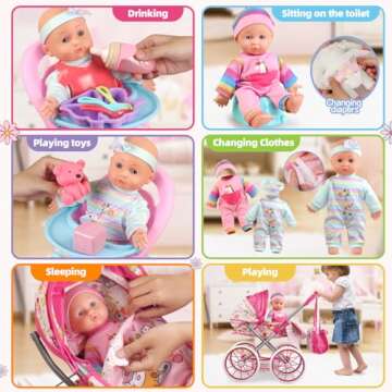 Baby Doll Stroller Toys Set with 12.5" Baby Doll,Dining Chair,Quilt Pillow,24 PCS Baby Doll Accessories and 2 Sets Doll Clothes,Baby Stroller Toys for Girls Toddlers 3-5 4-6 Gifts for Pretend Play