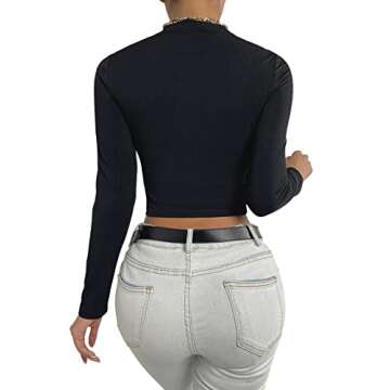SweatyRocks Women's Mock Neck Long Sleeve Ribbed Knit Slim Fitted Crop Top T Shirts Black L