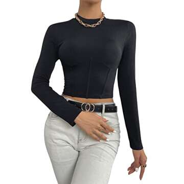 SweatyRocks Women's Mock Neck Long Sleeve Ribbed Knit Slim Fitted Crop Top T Shirts Black L
