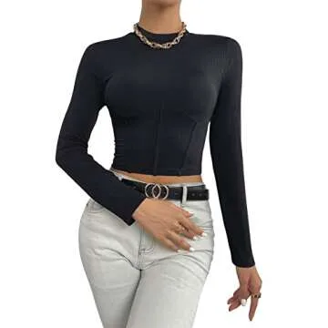 SweatyRocks Women's Mock Neck Long Sleeve Ribbed Knit Slim Fitted Crop Top T Shirts Black L