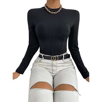 SweatyRocks Women's Mock Neck Long Sleeve Ribbed Knit Slim Fitted Crop Top T Shirts Black L