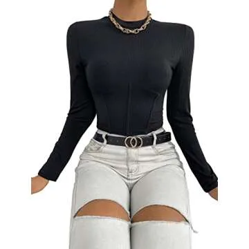 SweatyRocks Women's Mock Neck Long Sleeve Ribbed Knit Slim Fitted Crop Top T Shirts Black L