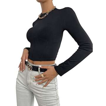SweatyRocks Women's Mock Neck Long Sleeve Ribbed Knit Slim Fitted Crop Top T Shirts Black L