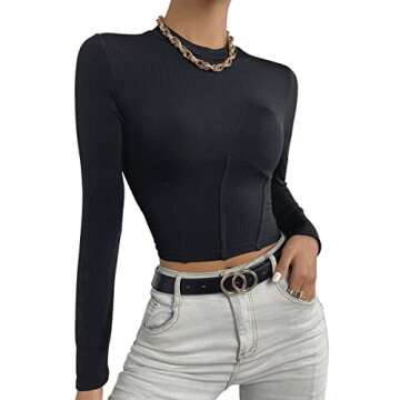 SweatyRocks Women's Mock Neck Long Sleeve Ribbed Knit Slim Fitted Crop Top T Shirts Black L