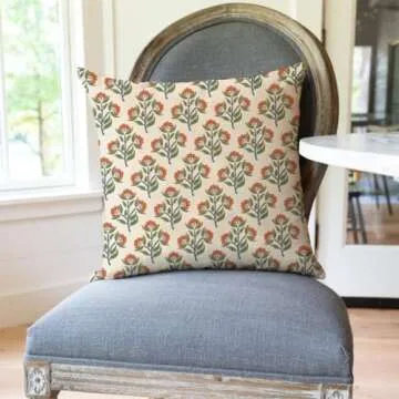 PANDICORN Block Print Throw Pillow Covers 18x18 Inch Set of 2 Green and Orange Vintage Floral Boho Outdoor Farmhouse Fall Decorations Decorative Throw Pillows Cases for Home Living Room Couch Decor