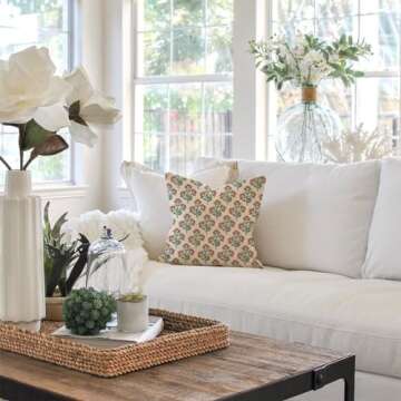 PANDICORN Block Print Throw Pillow Covers 18x18 Inch Set of 2 Green and Orange Vintage Floral Boho Outdoor Farmhouse Fall Decorations Decorative Throw Pillows Cases for Home Living Room Couch Decor