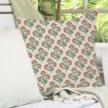 PANDICORN Block Print Throw Pillow Covers 18x18 Inch Set of 2 Green and Orange Vintage Floral Boho Outdoor Farmhouse Fall Decorations Decorative Throw Pillows Cases for Home Living Room Couch Decor
