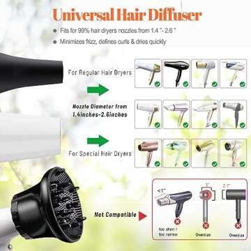 Universal Hair Diffuser, Hair Dryer Diffuser Attachment for Curly and Natural Wavy Hair, Professional Blow Dryer Diffuser, Adjustable from 1.4 Inch to 2.6 Inch
