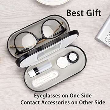 Muf 2 in 1 Double Sided Portable Contact Lens Case and Glasses Case,Dual Use Design with Built-in Mirror,Tweezer and Contact Lens Solution Bottle Included for Travel Kit,Black