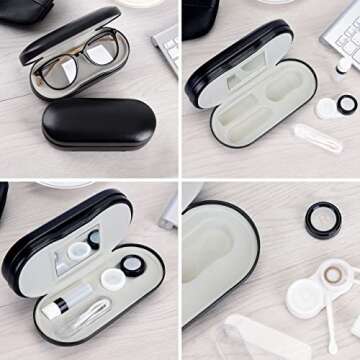 Muf 2 in 1 Double Sided Portable Contact Lens Case and Glasses Case,Dual Use Design with Built-in Mirror,Tweezer and Contact Lens Solution Bottle Included for Travel Kit,Black