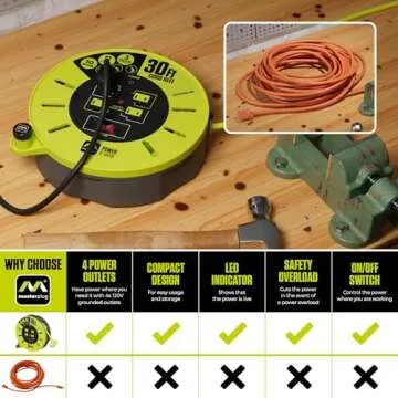 Masterplug 30ft Cassette Cord Reel with 4 Outlets