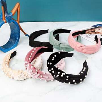 WOVOWOVO Headbands for Women Girls Knotted Headband Wide Pearl Head Band Top Knot Hairbands for Women’s Hair Band Thick Turban Velvet Hair Accessories 6Pcs