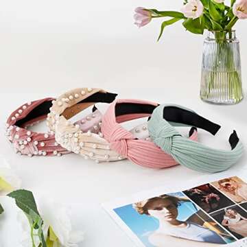 WOVOWOVO Headbands for Women Girls Knotted Headband Wide Pearl Head Band Top Knot Hairbands for Women’s Hair Band Thick Turban Velvet Hair Accessories 6Pcs