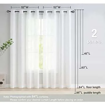 White Semi Sheer Curtains for Bedroom Living Room Linen Textured Window Treatment Set 63 inch Length Light Filtering Sheer Window Drapes for Kitchen Dining 52" w x 2 Panels Grommet Top