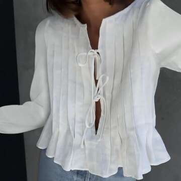 Ngdcseo Women Blouse-Long Sleeve Boho Pleated Front Tie Solid Loose Fit Casual Tie Knot Y2k Lace Up ...