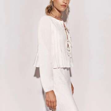 Ngdcseo Women Blouse-Long Sleeve Boho Pleated Front Tie Solid Loose Fit Casual Tie Knot Y2k Lace Up Bow Going Out Top (US, Alpha, Small, Regular, Regular, White)