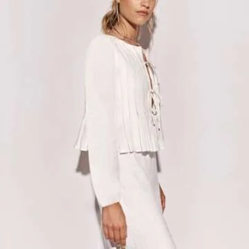 Ngdcseo Women Blouse-Long Sleeve Boho Pleated Front Tie Solid Loose Fit Casual Tie Knot Y2k Lace Up Bow Going Out Top (US, Alpha, Small, Regular, Regular, White)