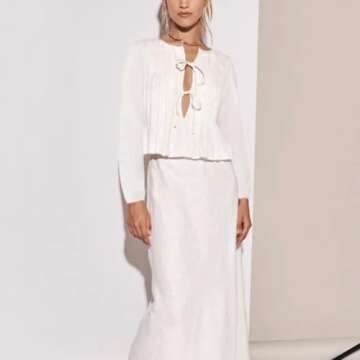 Ngdcseo Women Blouse-Long Sleeve Boho Pleated Front Tie Solid Loose Fit Casual Tie Knot Y2k Lace Up Bow Going Out Top (US, Alpha, Small, Regular, Regular, White)