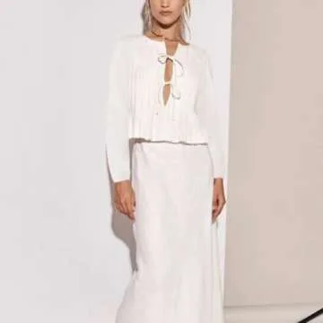 Ngdcseo Women Blouse-Long Sleeve Boho Pleated Front Tie Solid Loose Fit Casual Tie Knot Y2k Lace Up Bow Going Out Top (US, Alpha, Small, Regular, Regular, White)