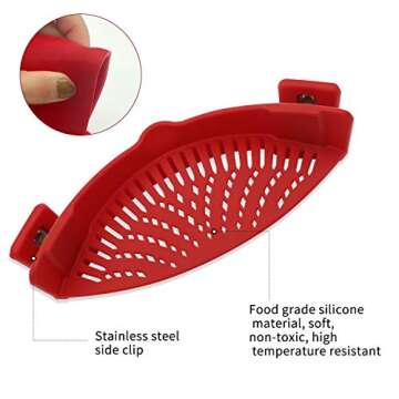 Clip on Strainer, for Strainers and Colanders for Kitchen, Silicone Food Strainer Hands-free Pan Strainer Pasta Strainer Fits All Bowls and Pots (Red)