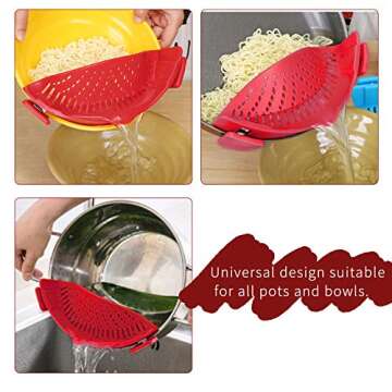 Clip on Strainer, for Strainers and Colanders for Kitchen, Silicone Food Strainer Hands-free Pan Strainer Pasta Strainer Fits All Bowls and Pots (Red)