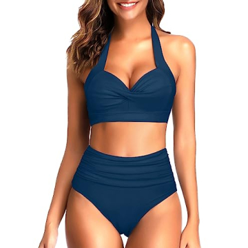 Tempt Me Women's Vintage Swimsuits Deep Blue Retro Halter Ruched High Waist Bikini with Bottom M
