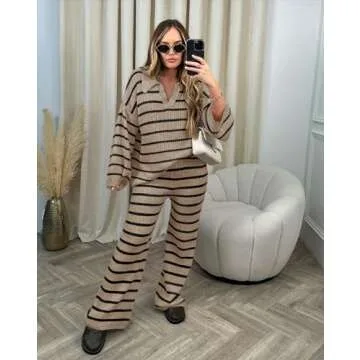 Yousify 2 Piece Fall Sets for Women Long Sleeve Pullover Sweater Knit Lounge Set Fashion Khaki S