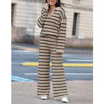 Yousify 2 Piece Fall Sets for Women Long Sleeve Pullover Sweater Knit Lounge Set Fashion Khaki S