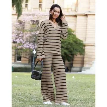 Yousify 2 Piece Fall Sets for Women Long Sleeve Pullover Sweater Knit Lounge Set Fashion Khaki S