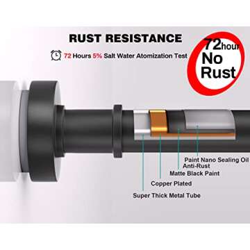 Black Shower Rod with 12 Hooks, 43-72 Inches, Rust Resistance, Adjustable Tension Rod with Durable Spring, No Drilling - Use For Bathroom, Bedroom, Home, Matte Black