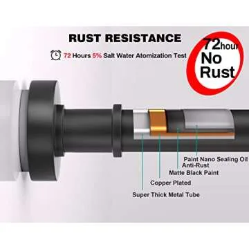 Black Shower Rod with 12 Hooks, 43-72 Inches, Rust Resistance, Adjustable Tension Rod with Durable Spring, No Drilling - Use For Bathroom, Bedroom, Home, Matte Black