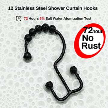 Black Shower Rod with 12 Hooks, 43-72 Inches, Rust Resistance, Adjustable Tension Rod with Durable Spring, No Drilling - Use For Bathroom, Bedroom, Home, Matte Black