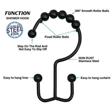 Black Shower Rod with 12 Hooks, 43-72 Inches, Rust Resistance, Adjustable Tension Rod with Durable Spring, No Drilling - Use For Bathroom, Bedroom, Home, Matte Black