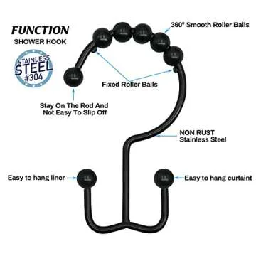 Black Shower Rod with 12 Hooks, 43-72 Inches, Rust Resistance, Adjustable Tension Rod with Durable Spring, No Drilling - Use For Bathroom, Bedroom, Home, Matte Black