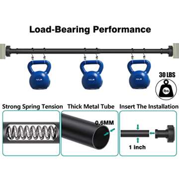 Black Shower Rod with 12 Hooks, 43-72 Inches, Rust Resistance, Adjustable Tension Rod with Durable Spring, No Drilling - Use For Bathroom, Bedroom, Home, Matte Black