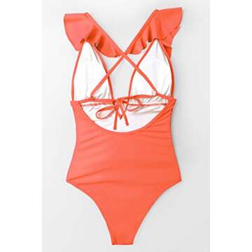 CUPSHE Women's One Piece Swimsuit Ruffle Deep V Neck Strappy Swimwear Bathing Suits Orange S