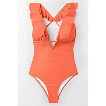 CUPSHE Women's One Piece Swimsuit Ruffle Deep V Neck Strappy Swimwear Bathing Suits Orange S