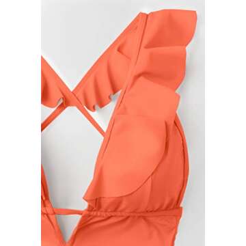 CUPSHE Women's One Piece Swimsuit Ruffle Deep V Neck Strappy Swimwear Bathing Suits Orange S