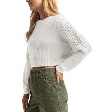 Jumppmile Women's Crop Sweater Knitted Crew Neck Long Sleeve Casual Loose Cropped Pullover Sweater T...