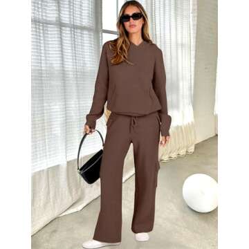 ANRABESS Women’s Two Piece Outfits Casual Knit Hooded Sweater Straight Leg Pants Set 2025 Fall Lounge Travel Clothes Deep Brown Medium