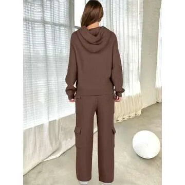 ANRABESS Women’s Two Piece Outfits Casual Knit Hooded Sweater Straight Leg Pants Set 2025 Fall Lounge Travel Clothes Deep Brown Medium