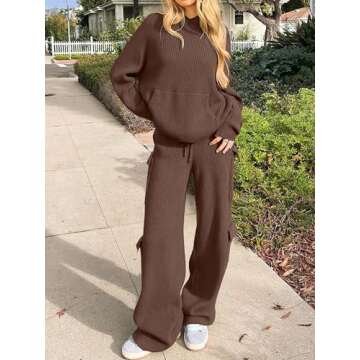 ANRABESS Women’s Two Piece Outfits Casual Knit Hooded Sweater Straight Leg Pants Set 2025 Fall Lounge Travel Clothes Deep Brown Medium
