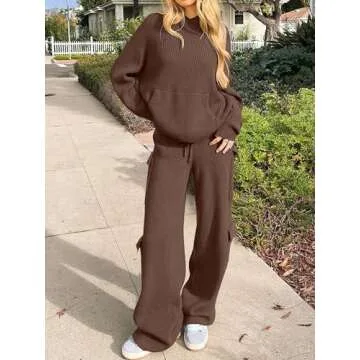 ANRABESS Women’s Two Piece Outfits Casual Knit Hooded Sweater Straight Leg Pants Set 2025 Fall Lounge Travel Clothes Deep Brown Medium